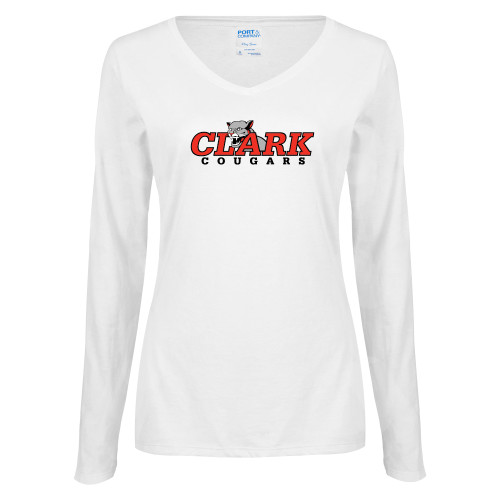  Womens White Long Sleeve V Neck Tee - Secondary Logo