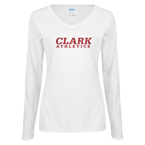  Womens White Long Sleeve V Neck Tee - Clark Athletics Red Glitter