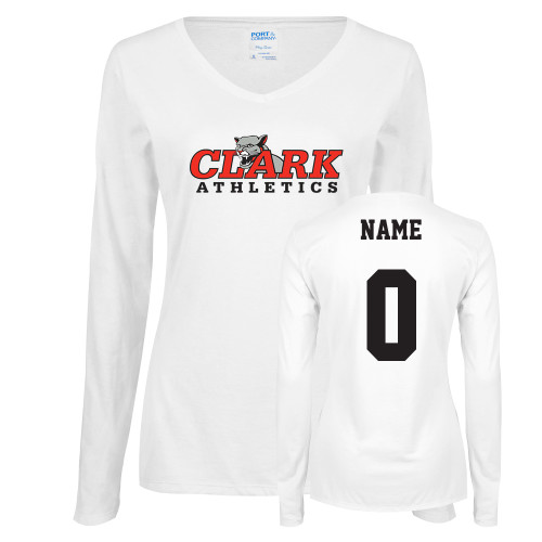  Womens White Long Sleeve V Neck Tee - Primary Logo