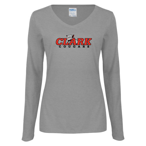  Womens Grey Long Sleeve V Neck Tee  - Secondary Logo