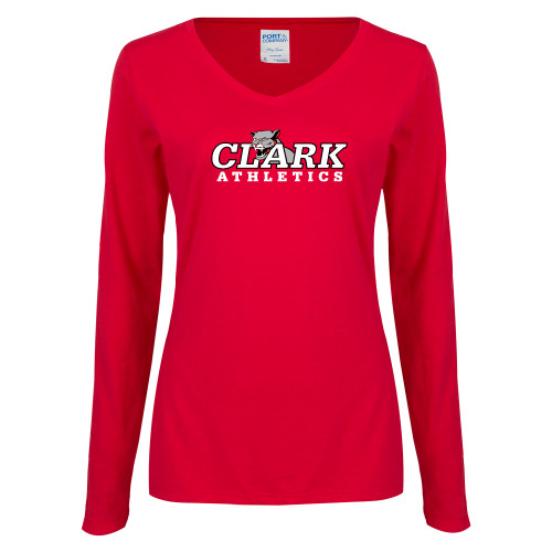  Womens Red Long Sleeve V Neck Tee - Primary Logo