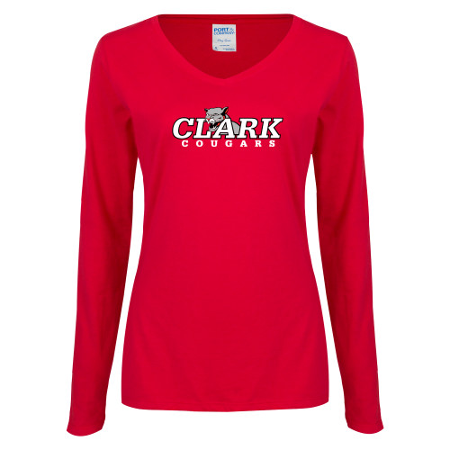  Womens Red Long Sleeve V Neck Tee - Secondary Logo