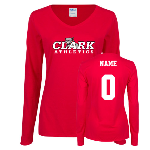  Womens Red Long Sleeve V Neck Tee - Primary Logo