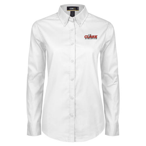  Womens White Twill Button Down Long Sleeve - Primary Logo