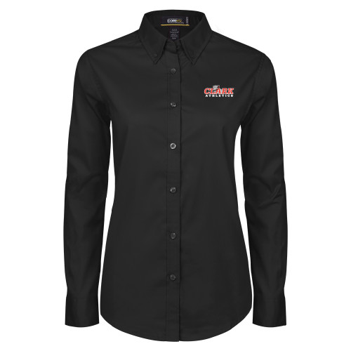  Womens Black Twill Button Down Long Sleeve  - Primary Logo