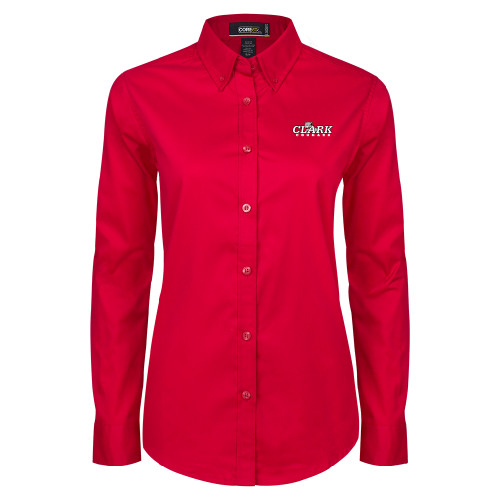  Womens Red Twill Button Down Long Sleeve  - Secondary Logo