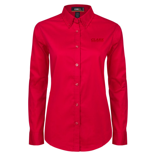  Womens Red Twill Button Down Long Sleeve  - Clark Athletics