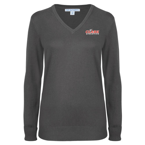  Womens Charcoal Heather VNeck Sweater - Primary Logo