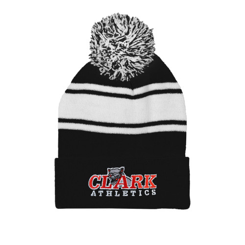  Black/White Two Tone Knit Pom Beanie w/Cuff - Primary Logo