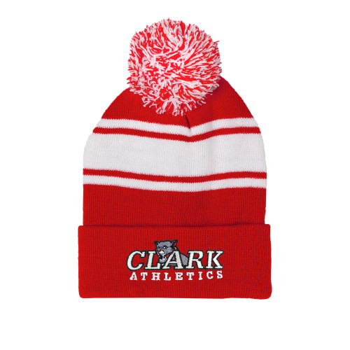  Red/White Two Tone Knit Pom Beanie w/Cuff - Primary Logo