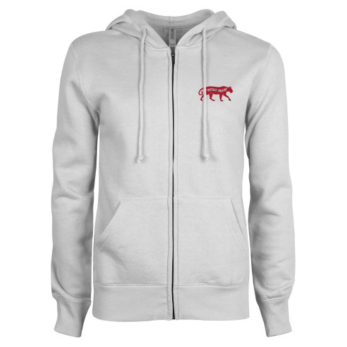 ENZA Womens White Fleece Full Zip Hoodie-Wild Cat Body Embroidery