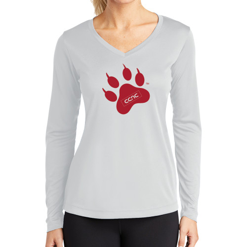 Womens White Performance Long Sleeve V Neck Shirt-Paw Print
