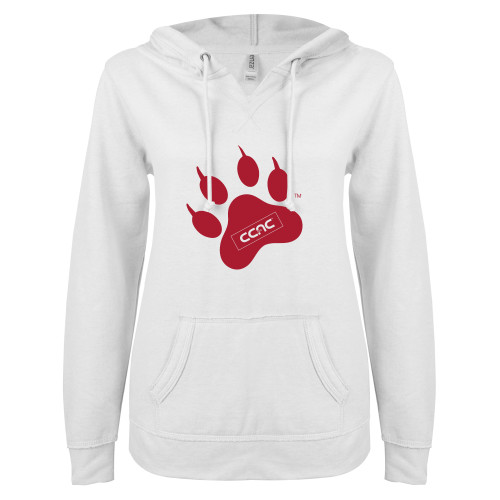 ENZA Womens White V Notch Raw Edge Fleece Hoodie-Paw Print