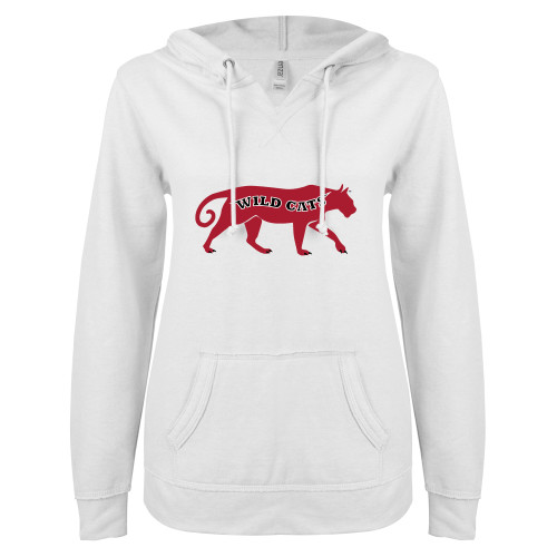 ENZA Womens White V Notch Raw Edge Fleece Hoodie-Wild Cat Body