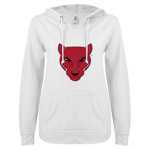 ENZA Womens White V Notch Raw Edge Fleece Hoodie-Wild Cat Head