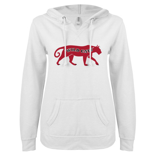 ENZA Womens White V Notch Raw Edge Fleece Hoodie-Wild Cat Body