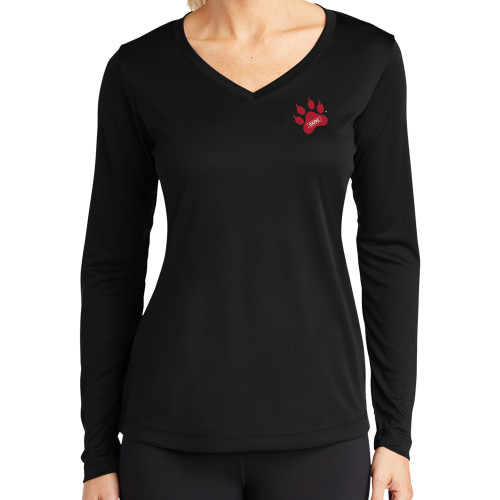 Womens Black Performance Long Sleeve V Neck Shirt-Paw Print Embroidery