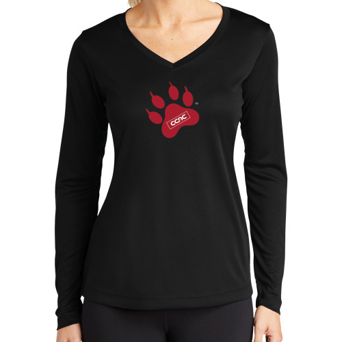 Womens Black Performance Long Sleeve V Neck Shirt-Paw Print