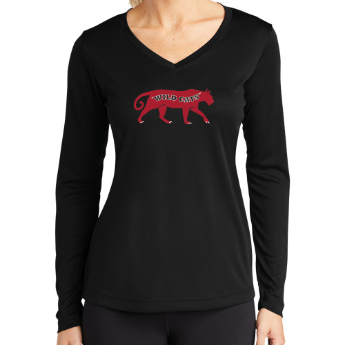 Womens Black Performance Long Sleeve V Neck Shirt-Wild Cat Body