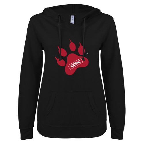 ENZA Womens Black V Notch Raw Edge Fleece Hoodie-Paw Print