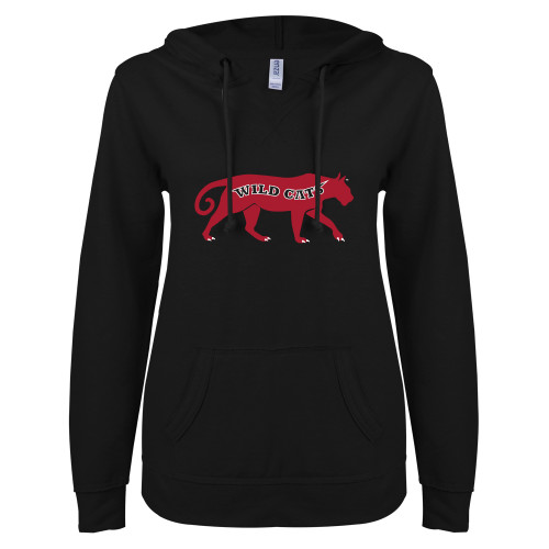 ENZA Womens Black V Notch Raw Edge Fleece Hoodie-Wild Cat Body