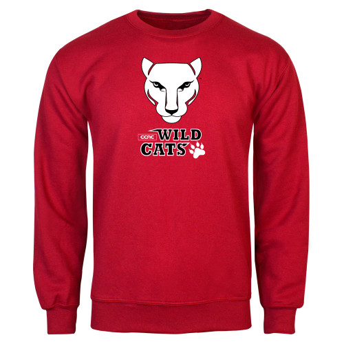 Red Fleece Crew-Wild Cat Head with Stacked  Wordmark
