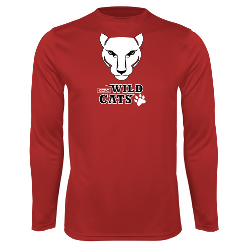 Red Performance Long Sleeve Shirt-Wild Cat Head with Stacked  Wordmark