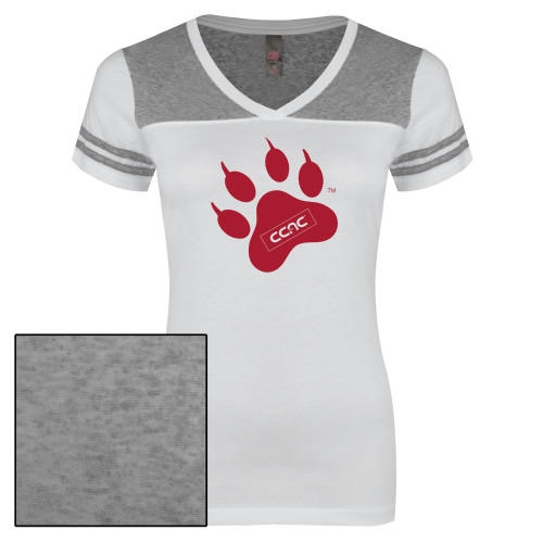 Womens White/Heather Grey Varsity V Neck Tee -Paw Print
