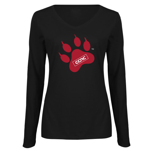 Womens Black Long Sleeve V Neck Tee -Paw Print