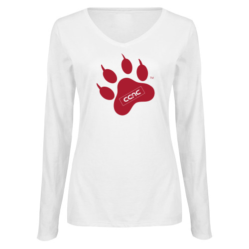 Womens White Long Sleeve V Neck Tee-Paw Print