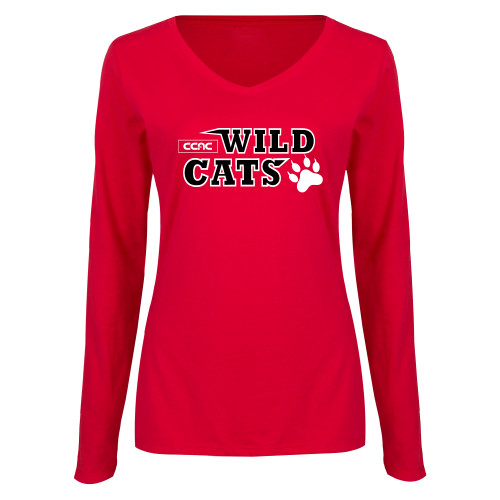 Womens Red Long Sleeve V Neck Tee-Stacked Wordmark