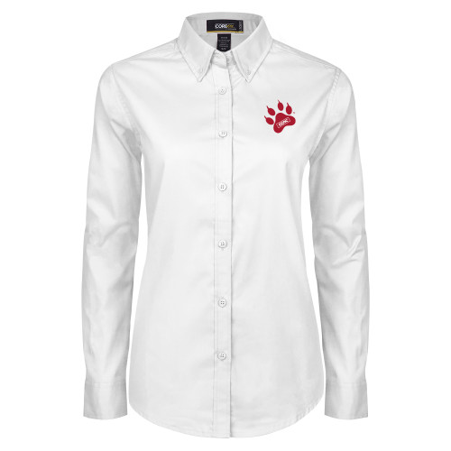 Womens White Twill Button Down Long Sleeve-Paw Print Embroidery