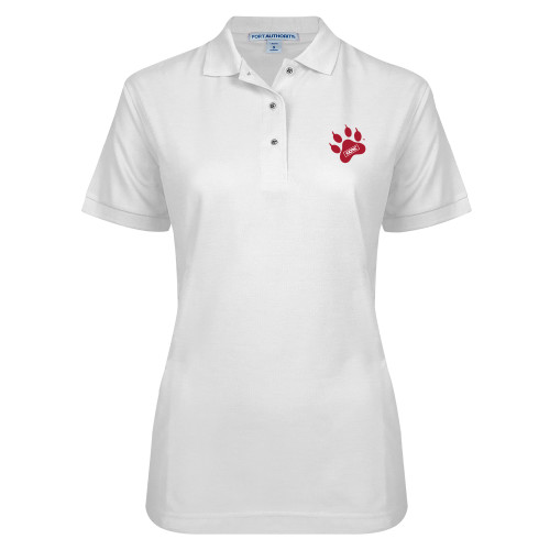 Womens Silk Touch White Pique Polo-Paw Print Embroidery