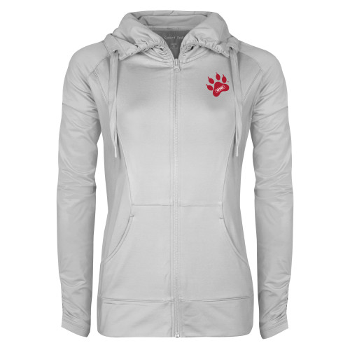 Womens White Sport Wick Stretch Full Zip Jacket-Paw Print Embroidery