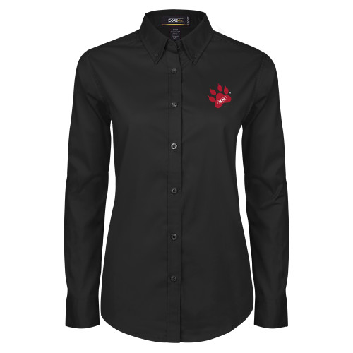Womens Black Twill Button Down Long Sleeve -Paw Print Embroidery
