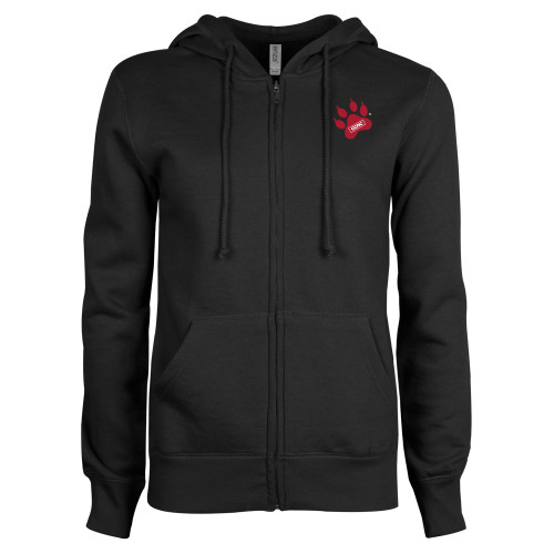 ENZA Womens Black Fleece Full Zip Hoodie-Paw Print Embroidery