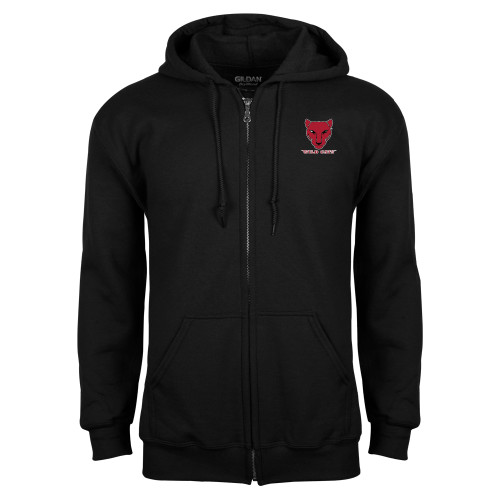 Black Fleece Full Zip Hoodie-Wild Cat Head with Wordmark Embroidery