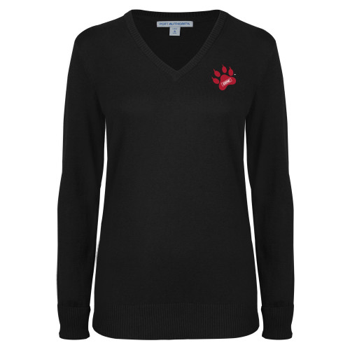 Womens Black VNeck Sweater-Paw Print Embroidery
