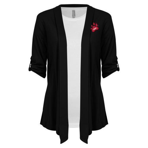 Womens Black Drape Front Cardigan Sweater-Paw Print Embroidery