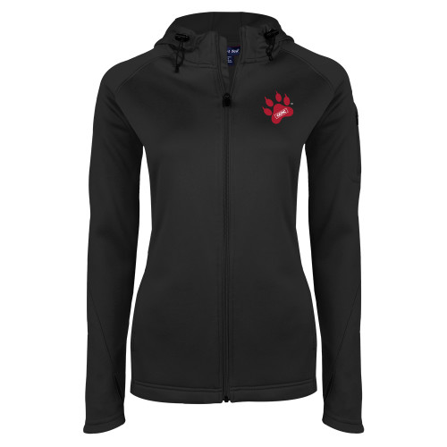 Womens Black Tech Fleece Full Zip Hooded Jacket-Paw Print Embroidery