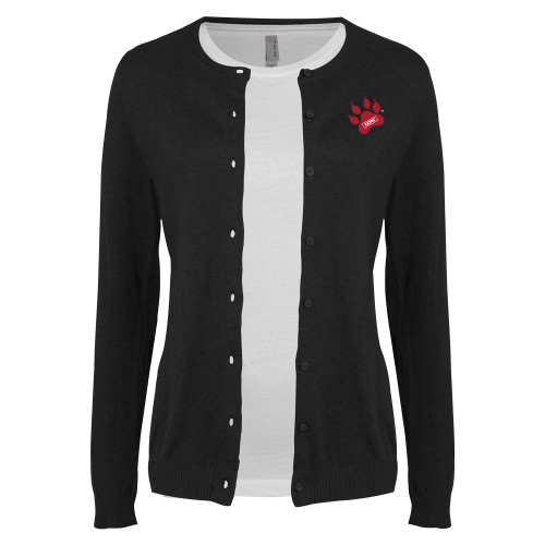 Womens Black Cardigan Sweater-Paw Print Embroidery