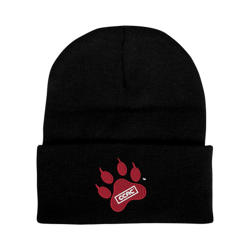 Black Knit Beanie w/Cuff-Paw Print Embroidery