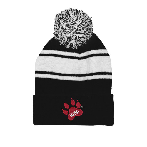 Black/White Two Tone Knit Pom Beanie w/Cuff-Paw Print Embroidery