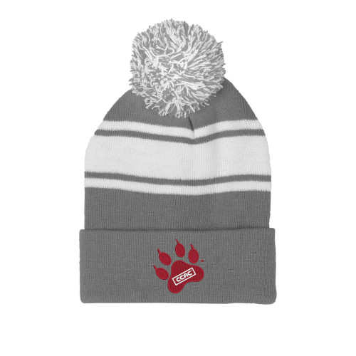 Grey/White Two Tone Knit Pom Beanie w/Cuff-Paw Print Embroidery