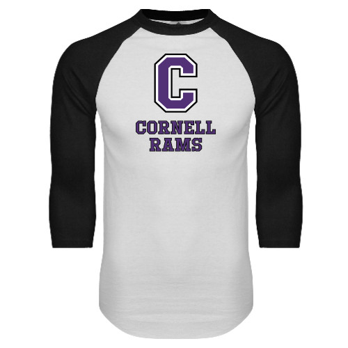  White/Black Raglan Baseball T Shirt - Cornell Rams Stacked