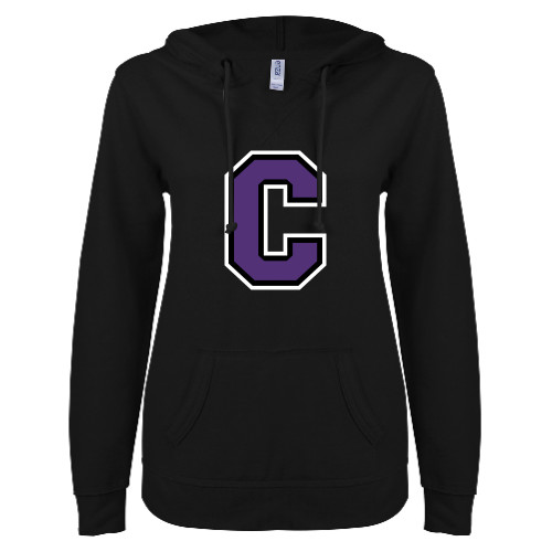  ENZA Womens Black V Notch Raw Edge Fleece Hoodie - Cornell C