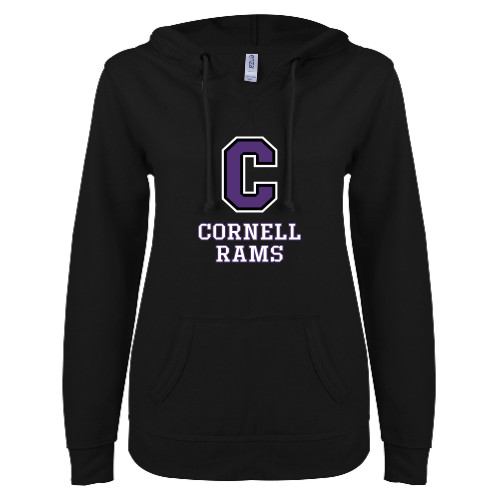  ENZA Womens Black V Notch Raw Edge Fleece Hoodie - Cornell Rams Stacked