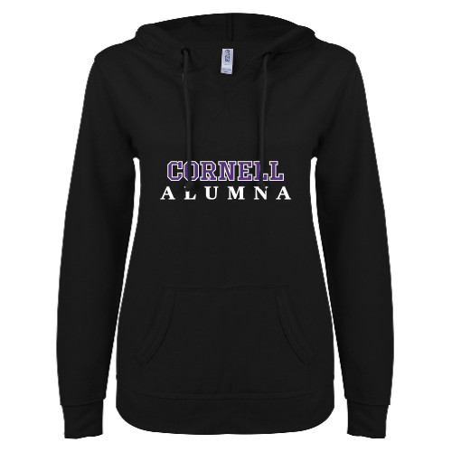  ENZA Womens Black V Notch Raw Edge Fleece Hoodie - Alumna