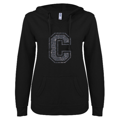  ENZA Womens Black V Notch Raw Edge Fleece Hoodie - F Graphite Soft Glitter