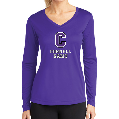  Womens Purple Performance Long Sleeve V Neck Shirt - Cornell Rams Stacked